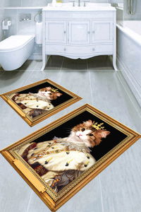 Çerçeve Detaylı Kedi Tasarımlı 2li Banyo Paspası (50x60 cm - 60x100 cm) - Thumbnail