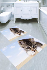 Masum Kedi Desenli 2li Banyo Paspası (50x60 cm - 60x100 cm) - Thumbnail