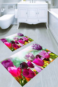 Pembe Laleler Desenli 2'li Banyo Paspası (50x60 cm - 60x100 cm) - Thumbnail