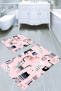 Pembe Zemin Kedi Desenli 2′li Banyo Paspası (50x60 cm - 60x100 cm) - Thumbnail