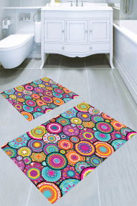 Retro Geometrik Desenli 2li Banyo Paspası (50x60 cm - 60x100 cm) - Thumbnail